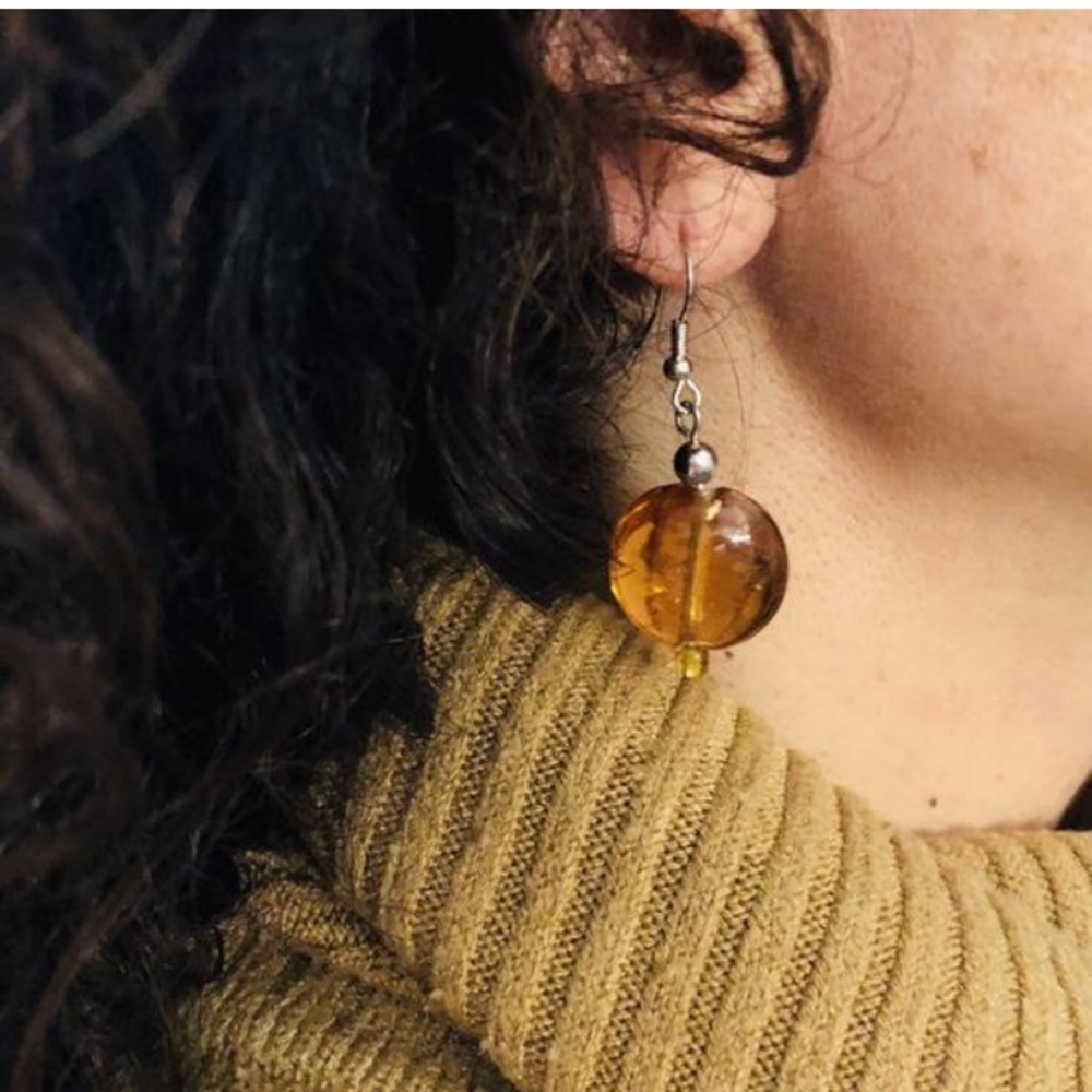 Vintage Round Cognac Color Amber Silver Earrings - Picture 2 of 5